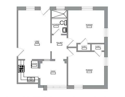 Floor plan for 2 beds, 1 bath, 827 sqft